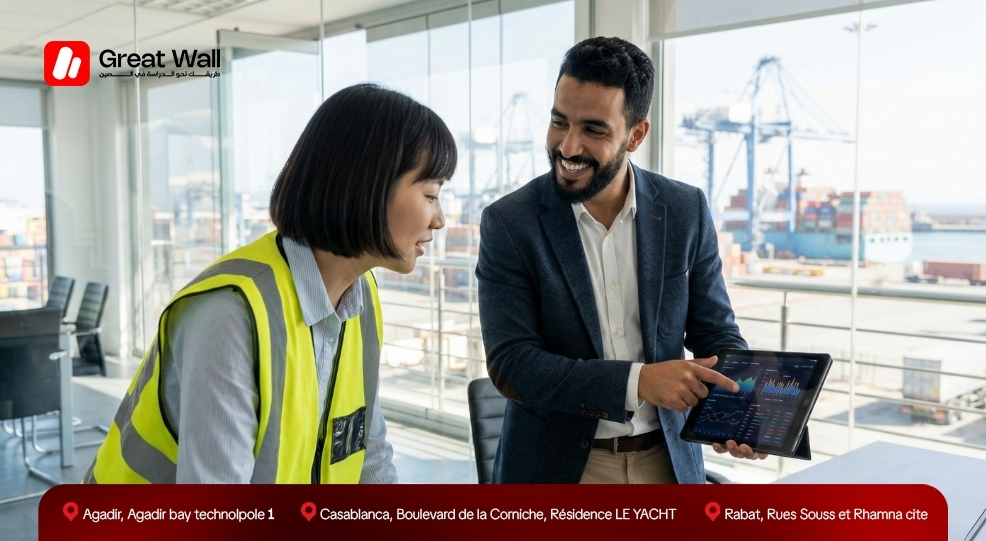 Un professionnel marocain bilingue collaborant avec un collegue chinois au Maroc un resultat reussi apres avoir suivi une annee preparatoire en Chine avant son diplome Un professionnel marocain bilingue collaborant avec un collegue chinois au Maroc un resultat reussi apres avoir suivi une annee preparatoire en Chine avant son diplome