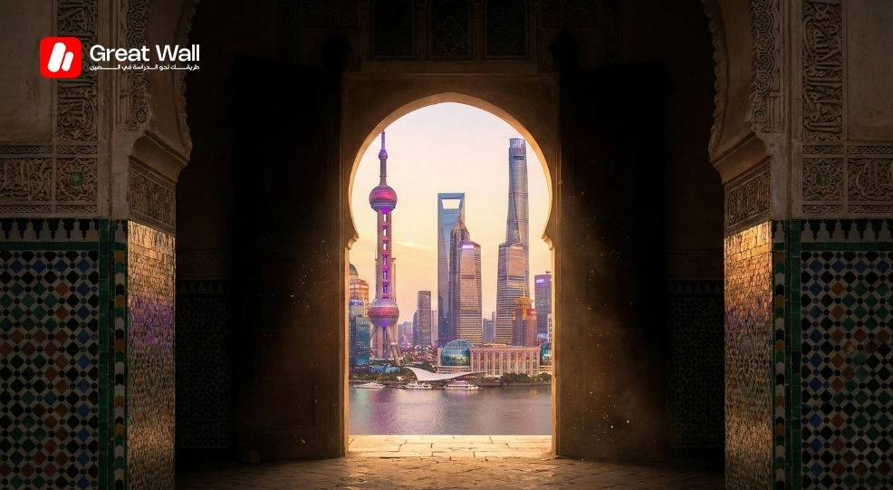 Vue futuriste de Shanghai à travers une arche traditionnelle marocaine. Le pont entre le Maroc et la Chine pour les étudiants.