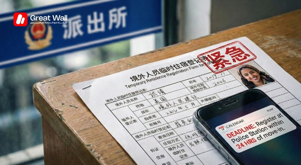 Warning image emphasizing the mandatory 24-hour police registration rule for foreigners renting for Moroccan in China.