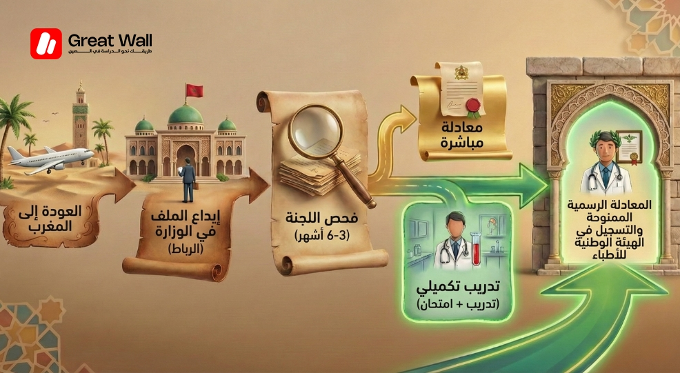 مخطط توضيحي يشرح عملية الاعتراف بدبلوم الطب لعام 2026 للطلاب الراغبين في الدراسة في الصين